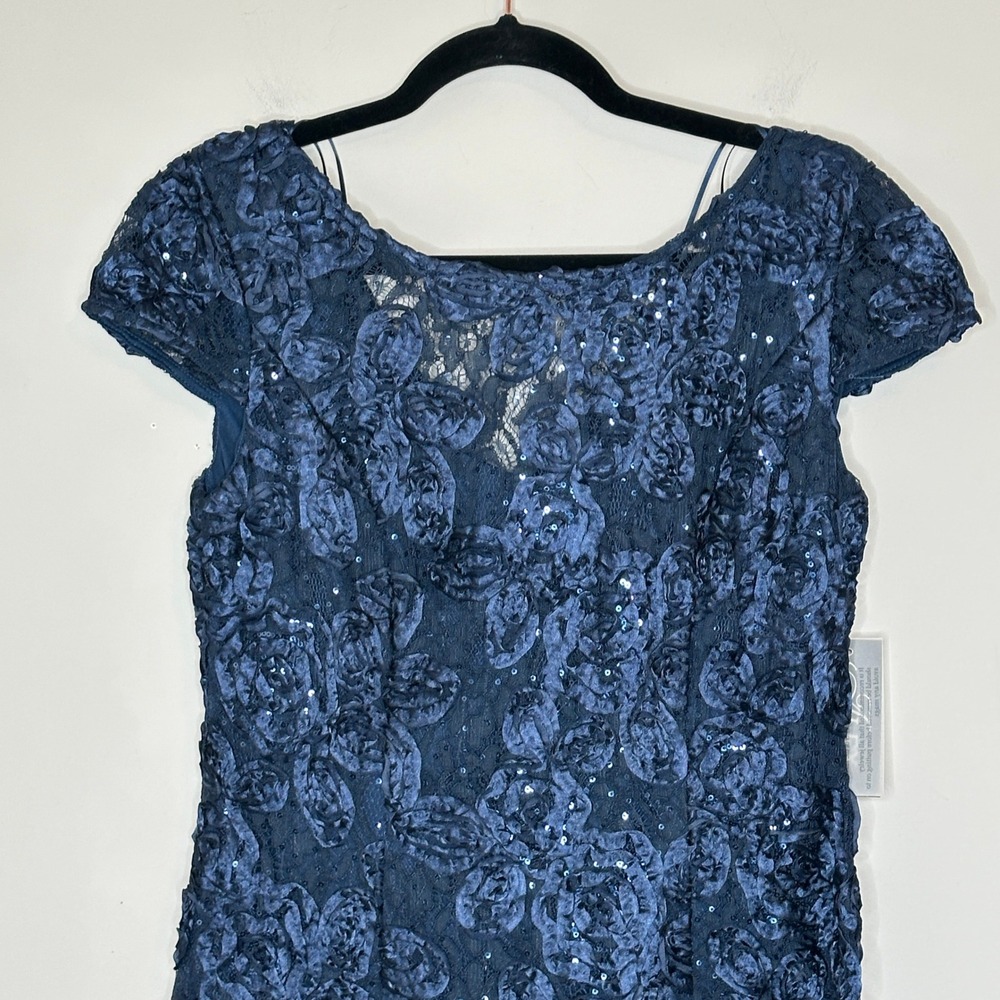Alex Evenings Navy Blue Floral Lace Sequin Rosette Embellished Midi Dress Size 8 - Picture 7 of 16